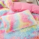 PERFEMET Pink Faux Fur Fluffy Comforter Twin 3-Piece Colorful Rainbow Plush Shaggy Bedding Sets for Girls Tie Dye Fuzzy Furry Comforter Set(Pink, Twin)