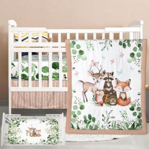Hahafelt 3 Pcs Baby Crib Bedding Set Safari Animals Dinosaurs Bear Woodland Animals Jungle Crib Set Includes Quilt, Fitted Sheet, Skirt for Baby Boy Girl(Green,Woodland Raccoons Deer Etc.)
