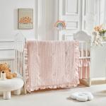 3 Pieces Tufted Stripes Crib Bedding Set with Ruffle Fringe, Pink Ruffled Comforter with Fitted Sheet and Bed Skirt , Soft and Embroidery Shabby Chic Boho Bohemian Jacquard Design for Baby Girls Boys