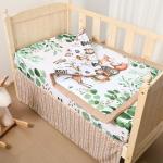 Hahafelt 3 Pcs Baby Crib Bedding Set Safari Animals Dinosaurs Bear Woodland Animals Jungle Crib Set Includes Quilt, Fitted Sheet, Skirt for Baby Boy Girl(Green,Woodland Raccoons Deer Etc.)