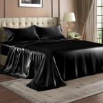 BEDELITE Satin Sheets Queen Size Bed Set, Luxury Soft Black Silky Sheets for Hair and Skin, Similar to Silk Bed Sheets Set 4 Pieces with 1 Deep Pocket Fitted Sheet, 1 Flat Sheet, and 2 Pillowcases
