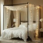 MVOVM Bed Canopy for Girls with Lights 30 * 228in King Canopy Bed Curtains for Queen & Full Bed White Tulle Canopy Bed Scarf,Sheer Bed Drapes,Twin King Canopy Bed Home Decor