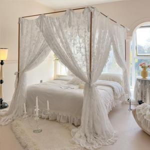 SCMTYWCQ Elegant Lace Princess 4 Corner Post Mosquito Net Romantic for Girls Women Bed Curtain Canopy for Adults Wedding Bedroom Kids Rooms Decoration (Beige-White-1, Queen)