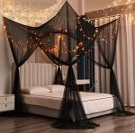 Mengersi Bed Canopy,Canopy Bed Curtains Bed Drapes for Full Queen King Size Bed,Mosquito Net Bed Curtains for Patio Indoor Outdoor Net,Black Bed Canopy Curtains for Gothic,Halloween Decoration
