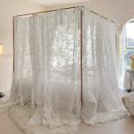 SCMTYWCQ Elegant Lace Princess 4 Corner Post Mosquito Net Romantic for Girls Women Bed Curtain Canopy for Adults Wedding Bedroom Kids Rooms Decoration (Beige-White-1, Queen)