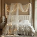 MVOVM Bed Canopy for Girls with Lights 30 * 228in King Canopy Bed Curtains for Queen & Full Bed White Tulle Canopy Bed Scarf,Sheer Bed Drapes,Twin King Canopy Bed Home Decor