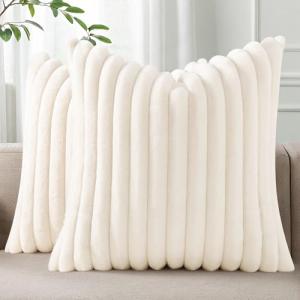 Pallene Faux Fur Plush Spring Throw Pillow Covers 18x18 Set of 2, Luxury Soft Fluffy Striped Decorative Pillow Covers for Sofa, Couch, Living Room, Cream White