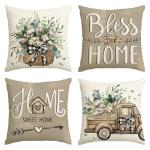 AVOIN colorlife Bless Our Home Farmhouse Eucalyptus Leaves Throw Pillow Covers, 18 x 18 Inch Truck Home Sweet Home Cushion Case Decorations Set of 4
