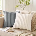 Pallene Faux Fur Plush Spring Throw Pillow Covers 18x18 Set of 2, Luxury Soft Fluffy Striped Decorative Pillow Covers for Sofa, Couch, Living Room, Cream White