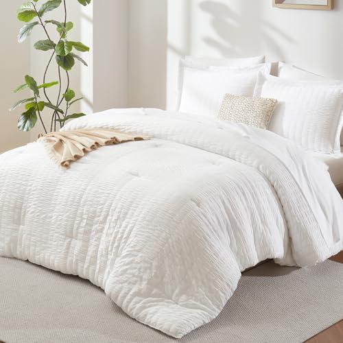 CozyLux White Seersucker 7-Piece Queen Comforter Set
