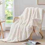 BEDELITE Fleece Throw Blanket for Couch - 300GSM Soft & Warm Fluffy Cream White Blanket, Decorative and Giftable Striped Blankets for Women, Men, 50"x60"