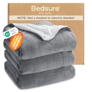 Bedsure GentleSoft Sherpa Fleece Queen Blankets for Bed, Non-Heated, Thick and Warm Throw for Women and Men, Soft Fuzzy Plush Queen Blanket for Winter, Grey, 90x90 Inches
