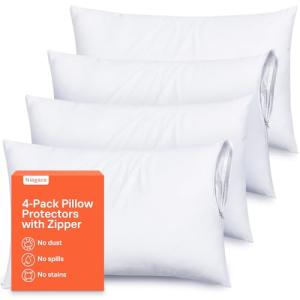 Ultra Soft Pillow Protectors with Zipper Queen Size - Set of 4 Breathable Pillow Covers - 100% Protection Against Stains, Dust & Dirt - Machine Washable (White)