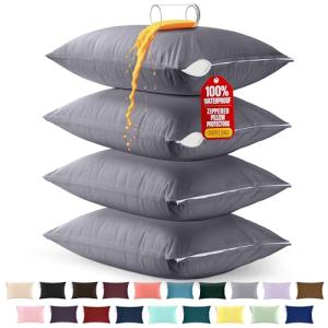 Utopia Bedding Premium 100% Waterproof Pillow Protectors with Zipper Queen Size (Set of 4), Bed Bug and Dust Mite Proof Zippered Pillow Covers, Pillow Encasement Cases, Gray