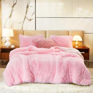 Pink Shaggy Faux Fur Comforter Set for Twin