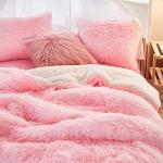 Pink Shaggy Faux Fur Comforter Set for Twin