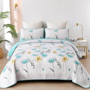 Dinjoy Aqua Floral Quilt Set, Queen Size 3 Pieces