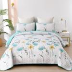Dinjoy Aqua Floral Quilt Set, Queen Size 3 Pieces