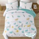 Dinjoy Aqua Floral Quilt Set, Queen Size 3 Pieces