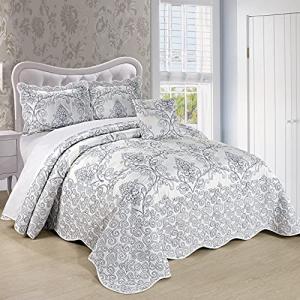 Damask 4-Piece Reversible Bedspread Set, White Queen