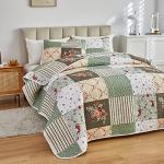 Green Floral Plaid Patchwork Quilt Set, 3 Pieces