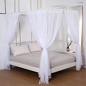 Queen Canopy Bed Curtains with Lights - White