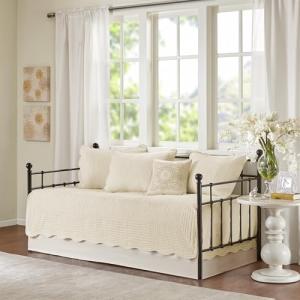 Madison Park Daybed Cover Set Damask Quilted Cover for Daybeds, All Season, Pre-washed Cotton-Filled Coastal Bedding with Scallop Edge, Shams, Bedskirt, Décor Pillows, Tuscany, Cream, 39"x75", 6 Piece