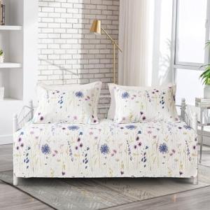 Jarson 3 Pcs Floral Daybed Cover Set Twin Size Purple White Flower Sofa Cover Bedding Sets Double Side Bed Set for All Season Botanical Pattern Daybed Quilt Set with Pillow Shams