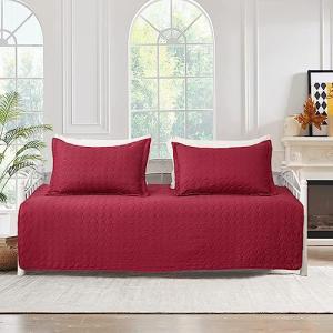 Jarson 3 Pcs Burgundy Sofa Daybed Cover Set Twin Size Daybed Bedding Double Sided Bed Set All Season Cozy Bedding Solid Color Classic Design Daybed Quilt Set with Matching Shams,39"x75"