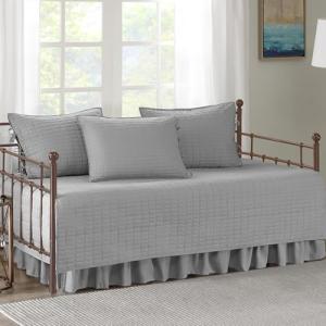 Comfort Spaces Daybed Cover - Luxe Double Sided-Quilting, All Season Cozy Bedding with Bedskirt, Matching Shams, Kienna Grey 75"x39" 5 Piece,100% Microfiber