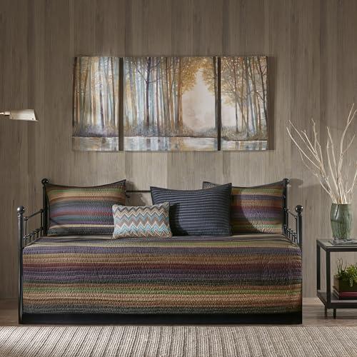 Madison Park Daybed Cover Double Sided Quilting Casual Design All Season Bedding Set with Bedskirt, Matching Shams, Decorative Pillow, 75 in x 39 in, Yosemite, Purple Teal