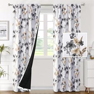 Floral Blackout Curtains - 84 Inch Drapes, Grey/Taupe