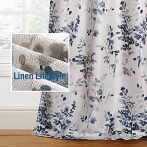 Blue Floral Linen Blackout Curtains, 84 Inches Long