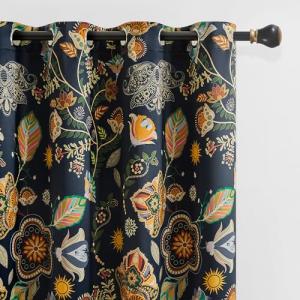 Navy Blue Floral Blackout Curtains for Bedroom