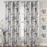 Blue Floral Linen Blackout Curtains, 84 Inches Long