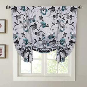 Blackout Tie Up Kitchen Curtains - Grey Teal Pattern