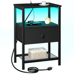 Black Nightstand with Charging Station and Drawer