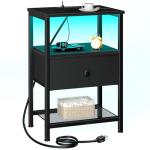 Black Nightstand with Charging Station and Drawer