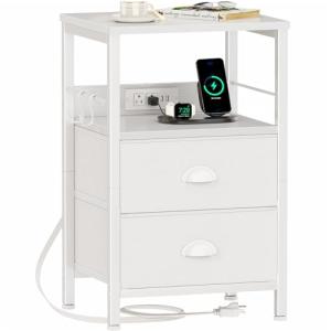 White Nightstand with Charging Station and Storage