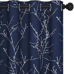 Navy Blue Blackout Curtains with Silver Branch Print