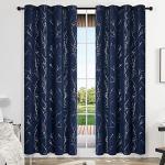 Navy Blue Blackout Curtains with Silver Branch Print
