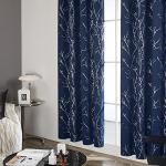 Navy Blue Blackout Curtains with Silver Branch Print