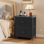 Small Black Nightstand with 2 Drawers and Fabric Bins
