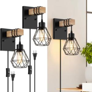 Lomoky Vintage Wood Plug-in Wall Sconces, Set of 2