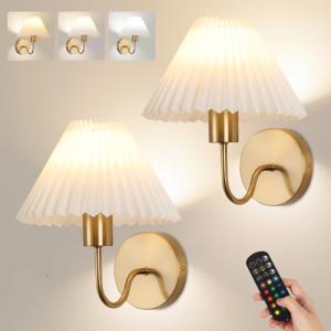 Set of 2 Wireless Pleated Shade Wall Sconces