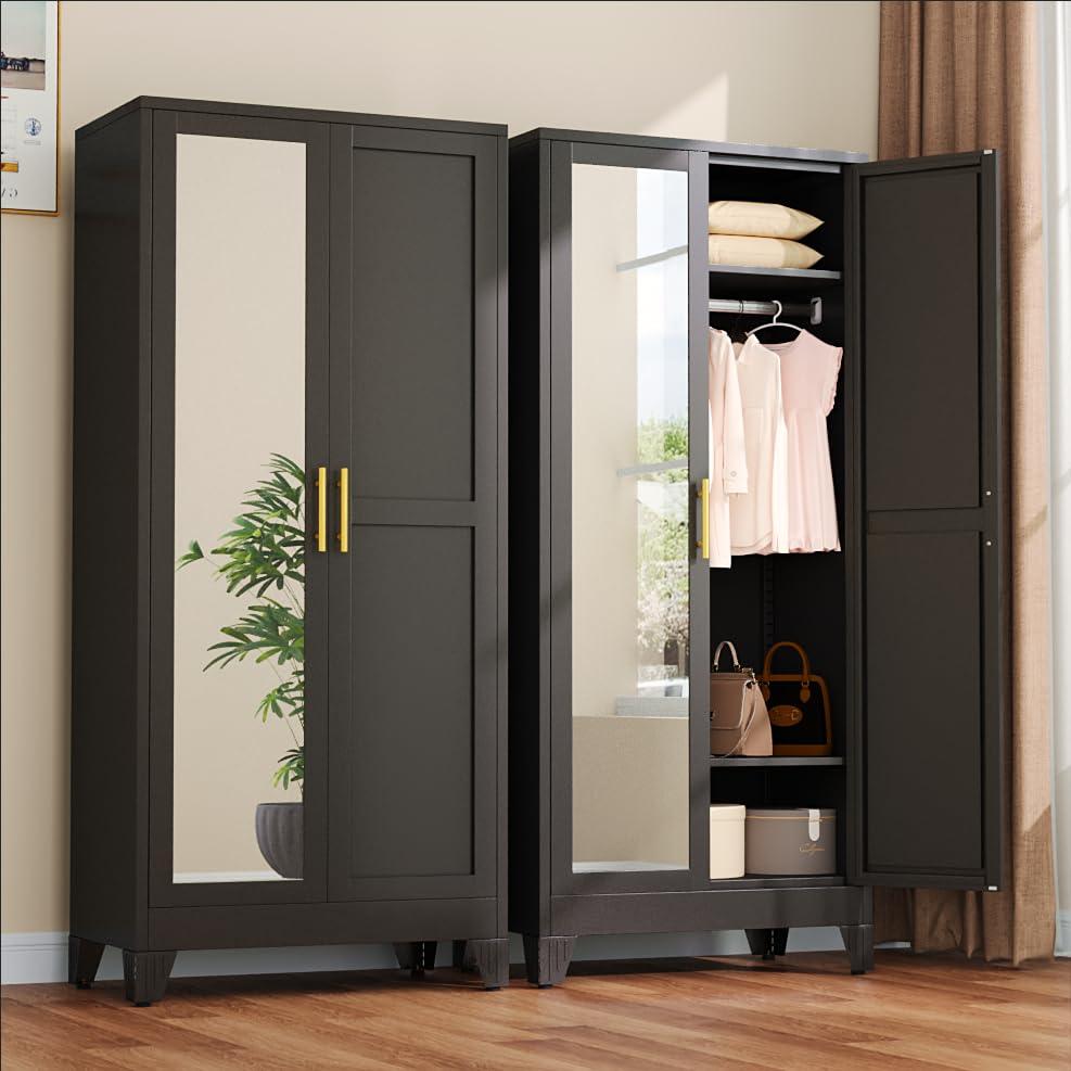 Metal Wardrobe Closet with Mirror Doors - Black
