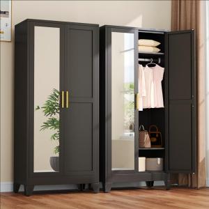 Metal Wardrobe Closet with Mirror Doors - Black