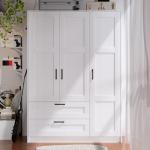 White Wooden Wardrobe Closet with Shelves and Drawers