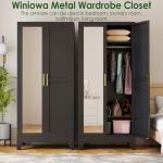Metal Wardrobe Closet with Mirror Doors - Black
