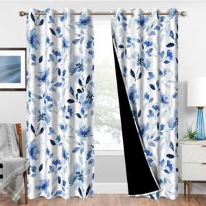 Blue Floral Blackout Curtains - 84 Inch Set